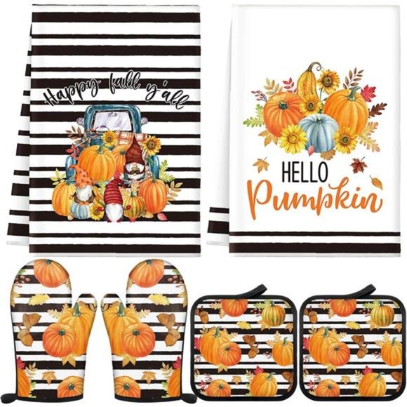 6 Pcs Pumpkin Oven Mitts and Kitchen Towel Sets Thanksgiving Decor - Picture 1 of 6